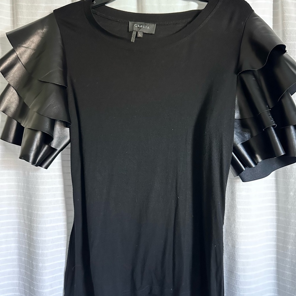 Garcia Faux Leather Black Ruffle Sleeve Top
